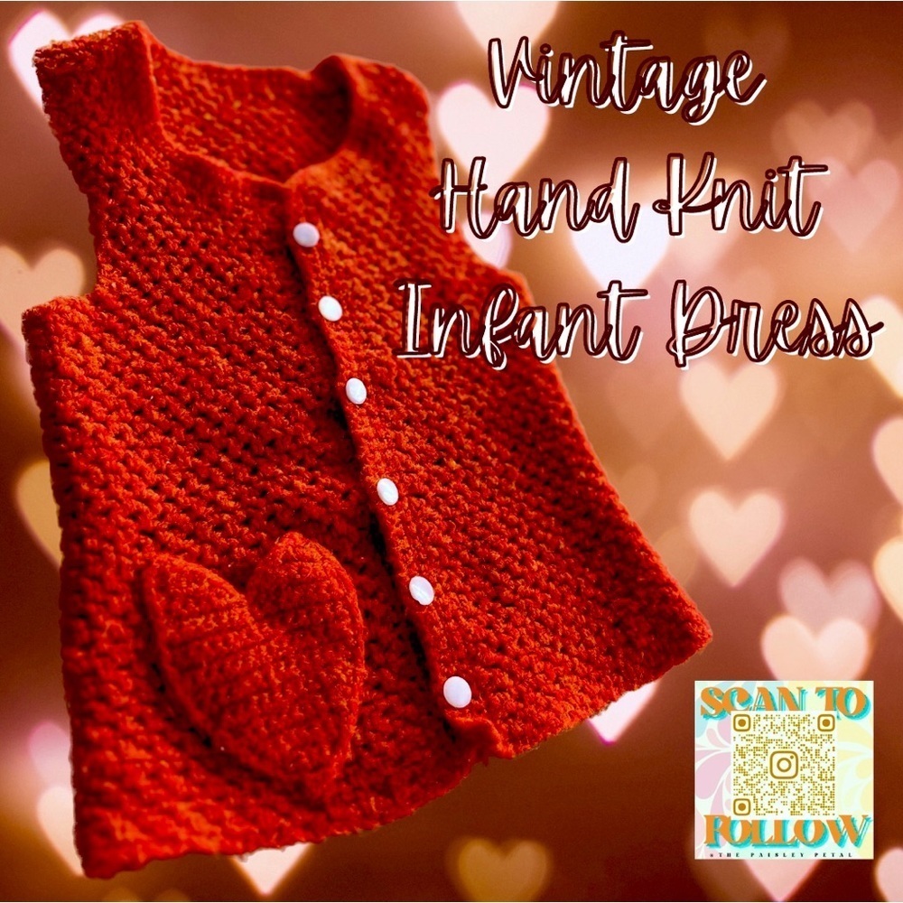 VINTAGE HAND KNIT BABY GIRL DRESS WITH HEART POCKET
